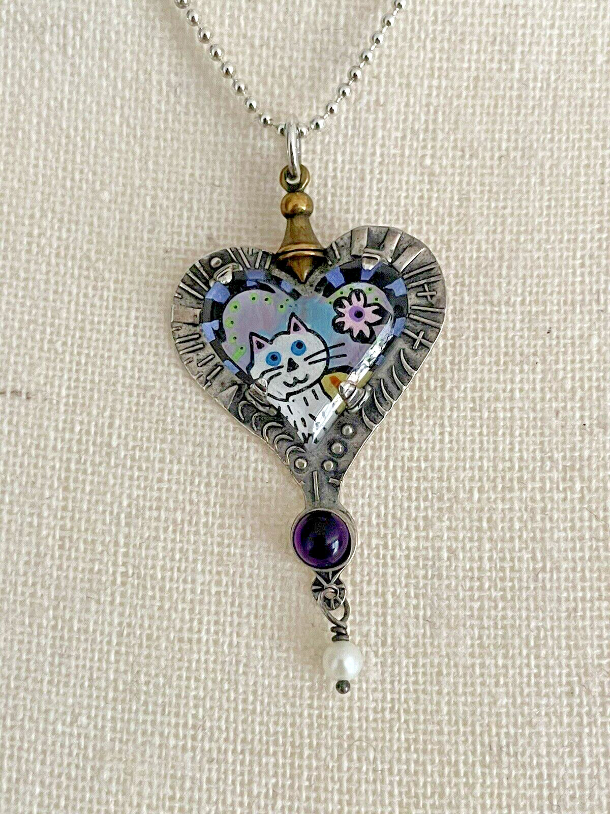 MILLODOT Jane Carpenter Cat Heart Sterling Lucite Pendant necklace