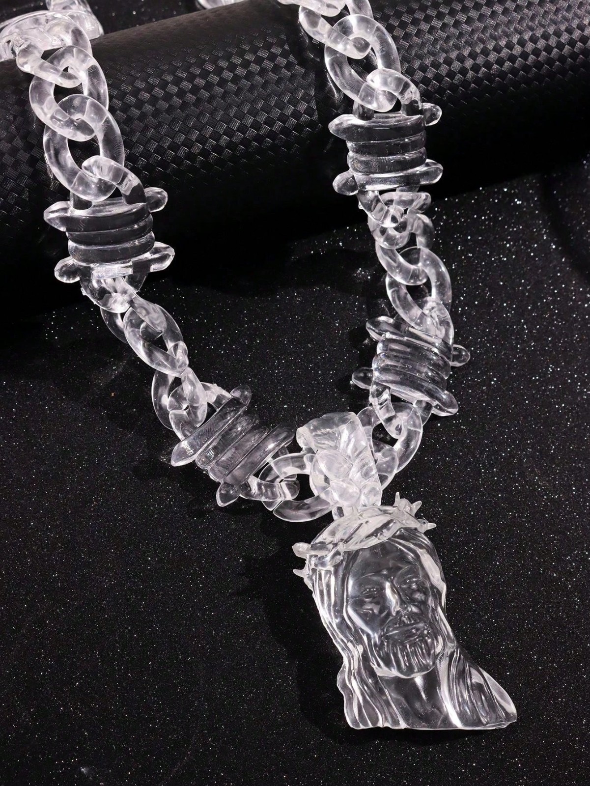 Jesus Portrait Pendant Necklace & 24″ Transparent Acrylic Thorns Chain Necklace