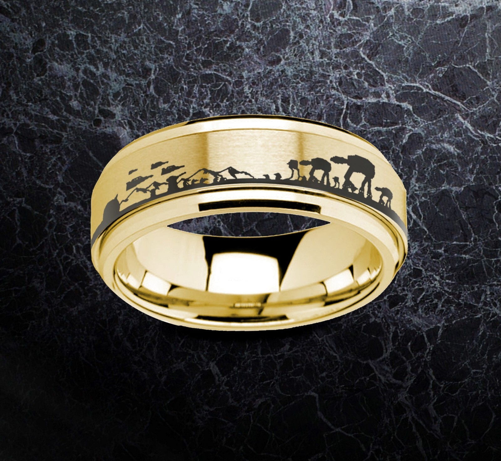 Star Wars Hoth Battle Scene Spinner Ring, Tungsten Carbide Wedding Ring 8mm