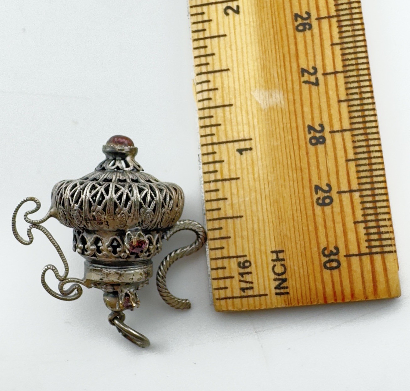 RARE Antique Sterling Filigree Asian Chinese Amethyst Jeweled Teapot Charm