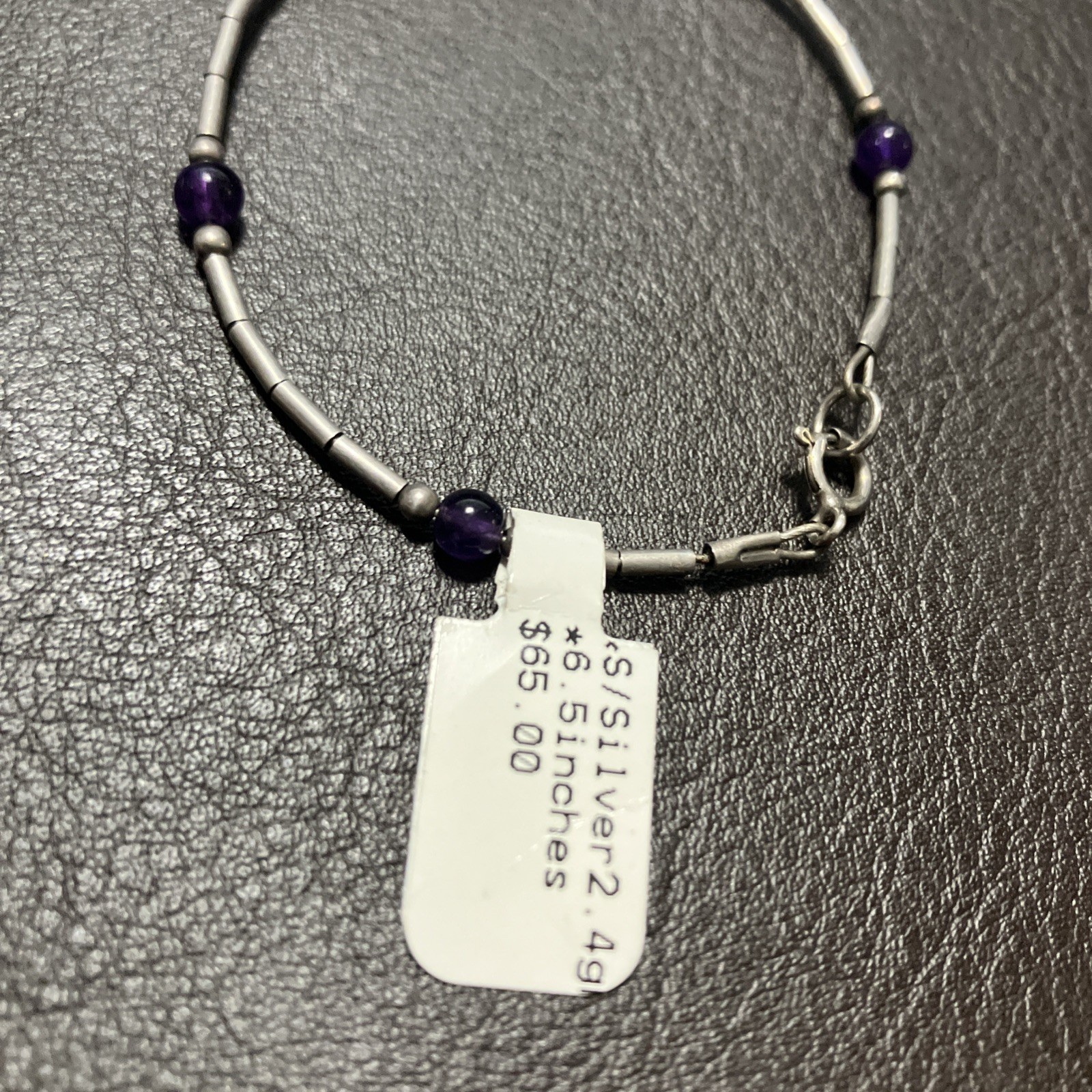 925 Sterling Silver Bracelet 2.4 Grams With Purple Beads 6.5 Inches Pre Owned