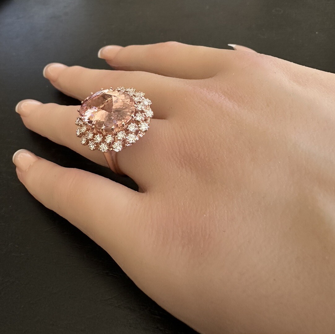 14.60 Carats Natural Morganite and Diamond 14K Solid Rose Gold Ring