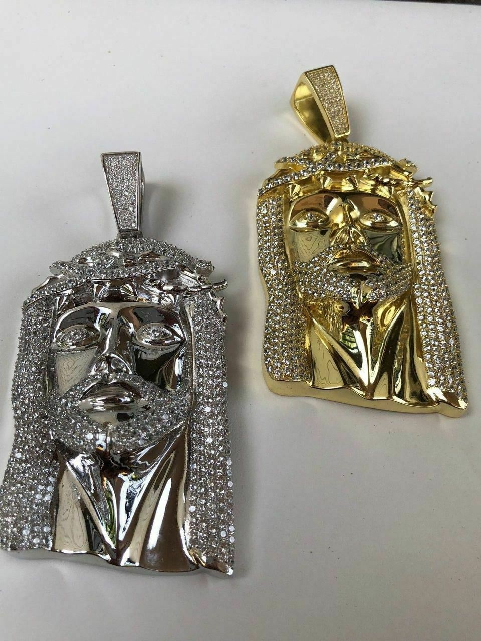 3″ Jesus Pendant Piece Solid 925 Silver /14k Gold Plated ICY CZ & Moon Cut Chain