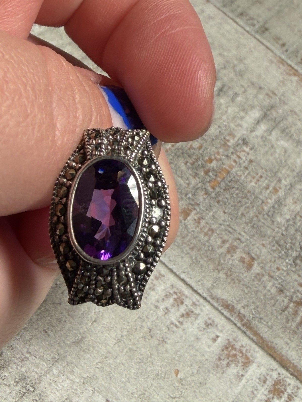 Sterling Silver Amethyst And Marcasites Clip On Vintage Earrings