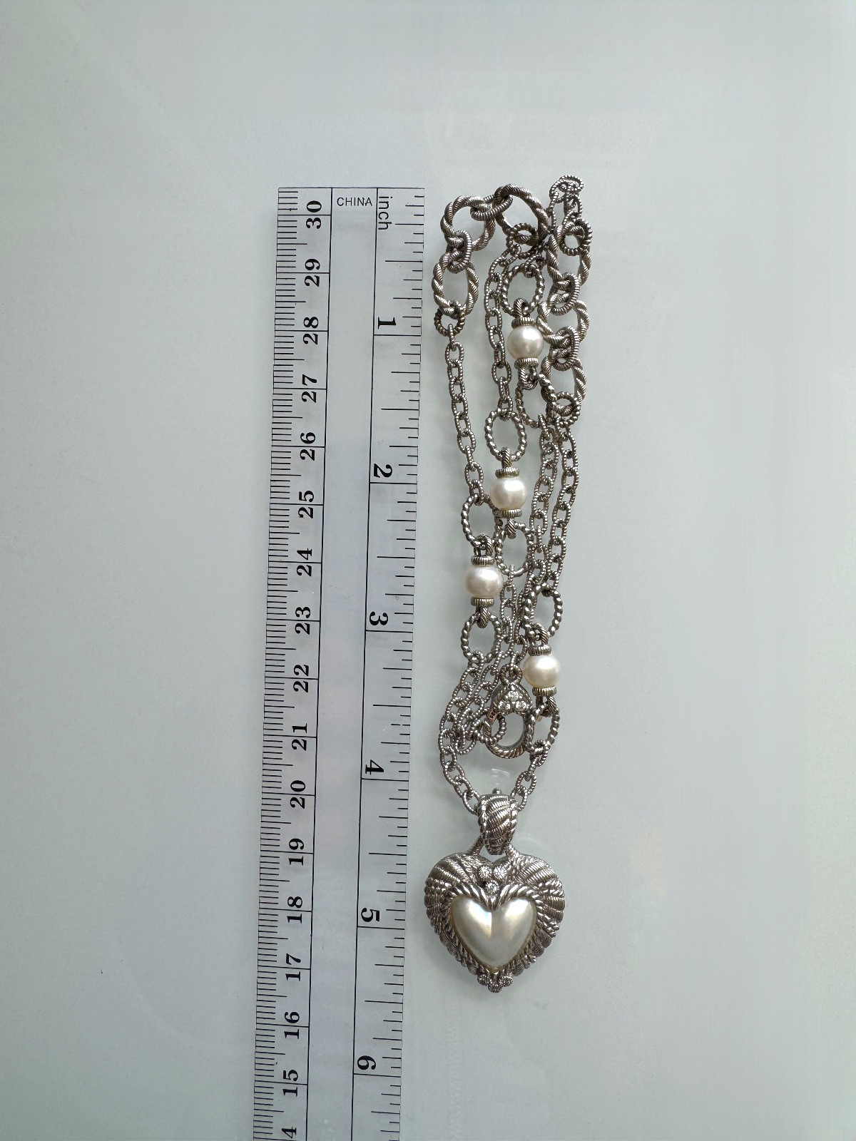 Judith Ripka 925 Sterling Silver MOP Heart Pendant & Station Chain Necklace