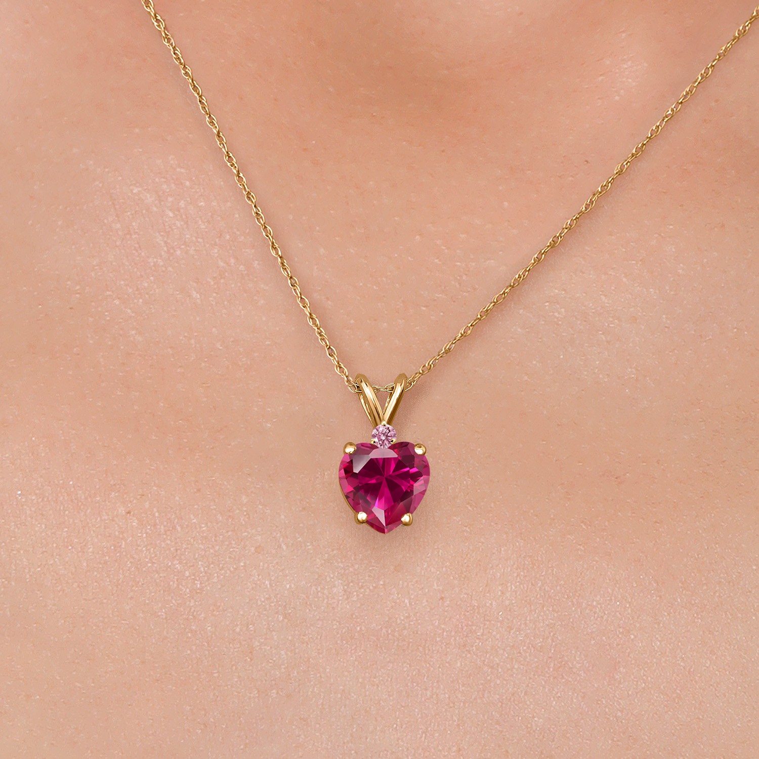 14K Yellow Gold Created Ruby and Pink Lab Grown Diamond Pendant Necklace for