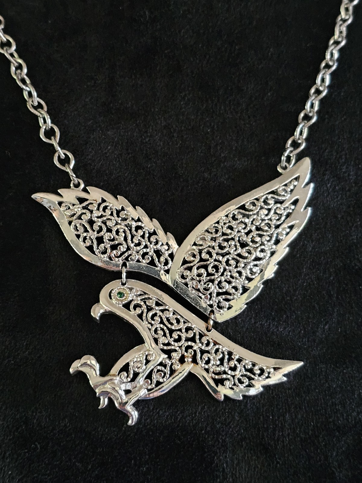 Vintage Gold Crown Signed Silvertone Eagle Statement Necklace Emerald Green Eye