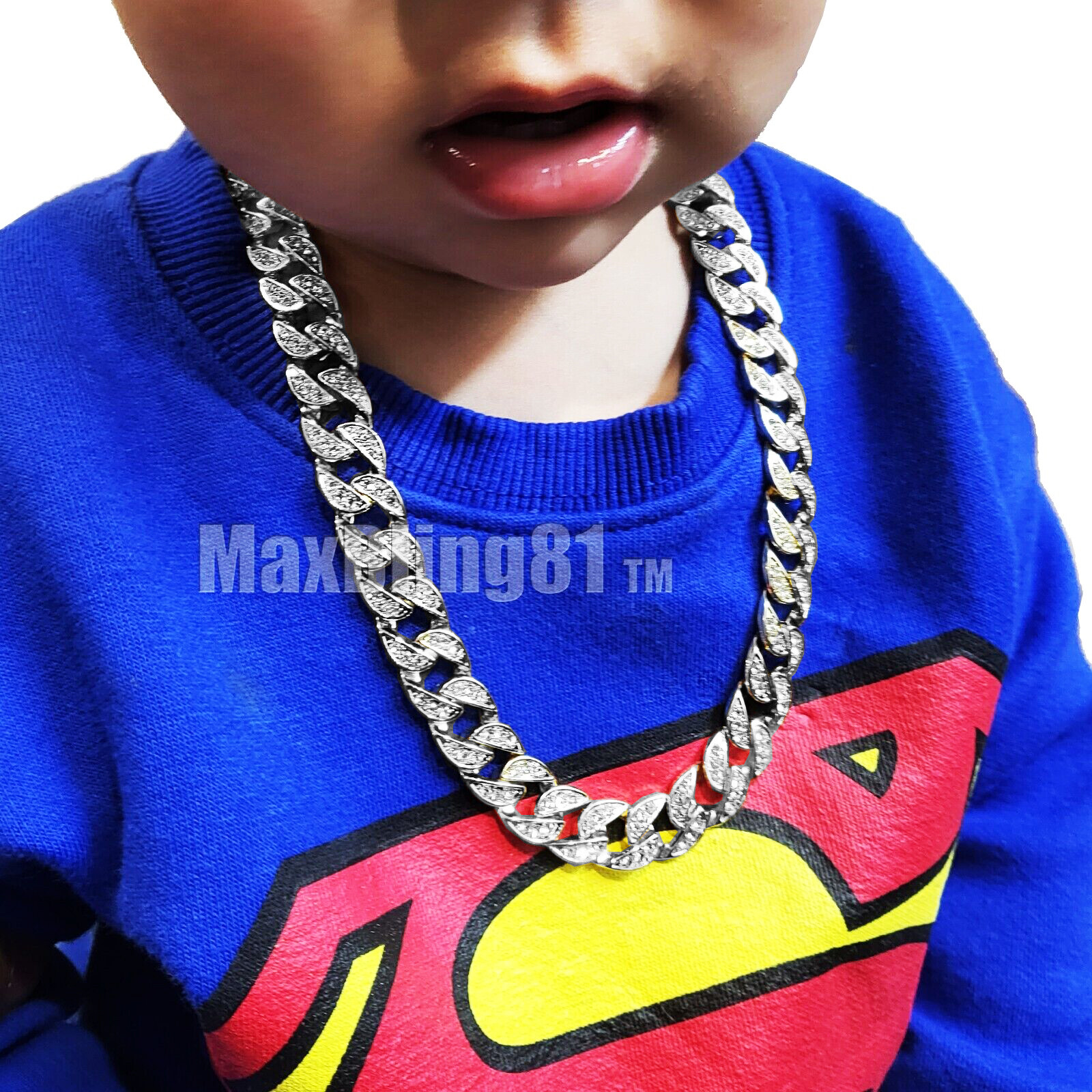 Kids Baby Silver Plated Alloy 14″ ~ 24″ Iced Cubic Zirconia Cuban Chain Necklace
