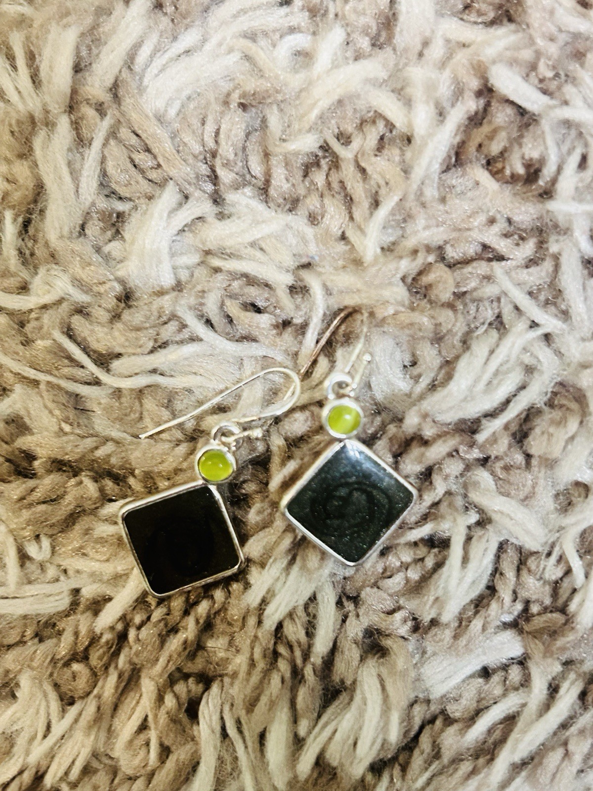 KC Designs Lime Green And Black Earrings Vintage Diamond Shape Silver Tone