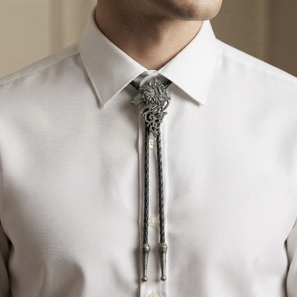 Western Bolo Tie Black Leather Cord Adjustable Silver Tone Slide Tips