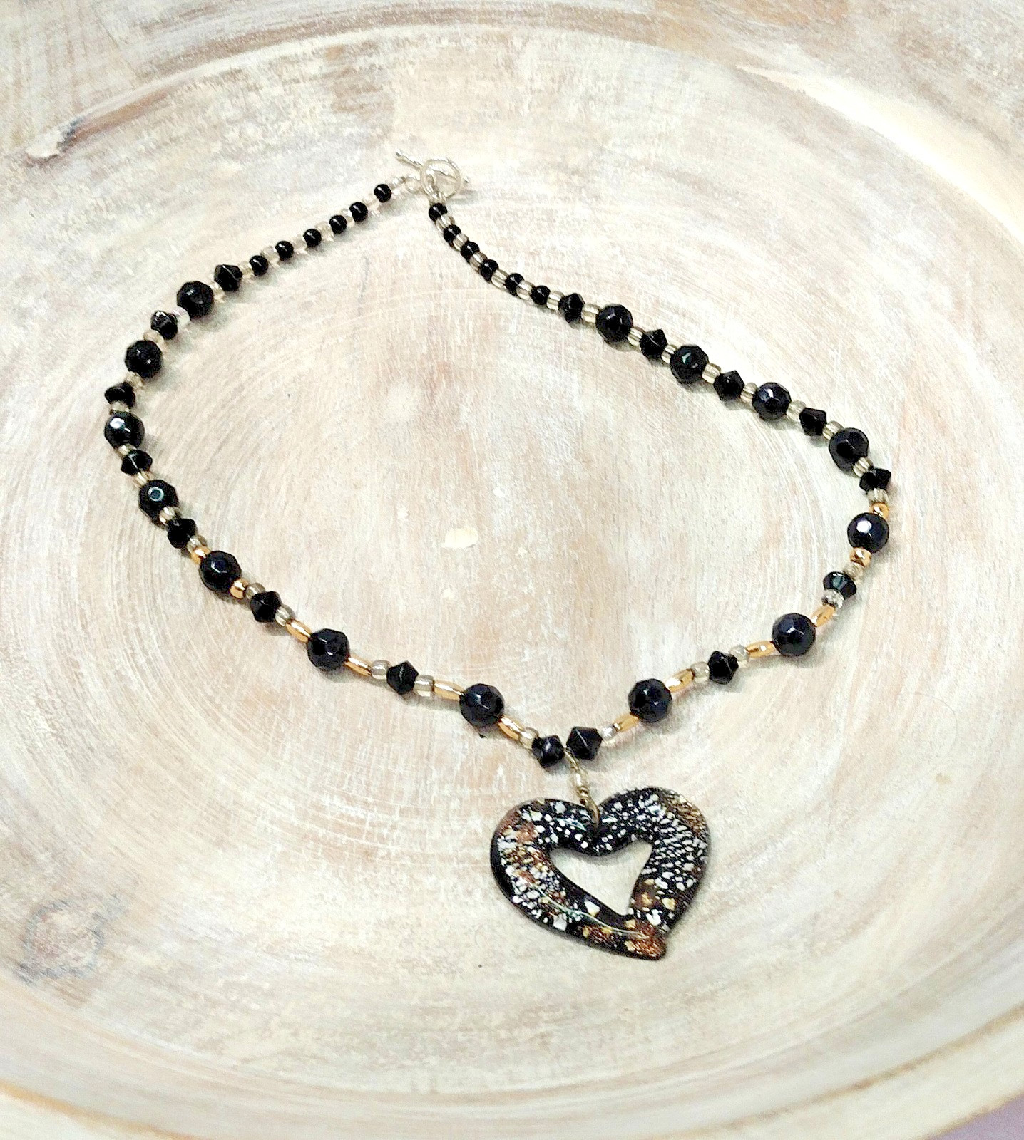 Handmade Black, Silver & Gold Glass Bead Heart Pendant Necklace 17″