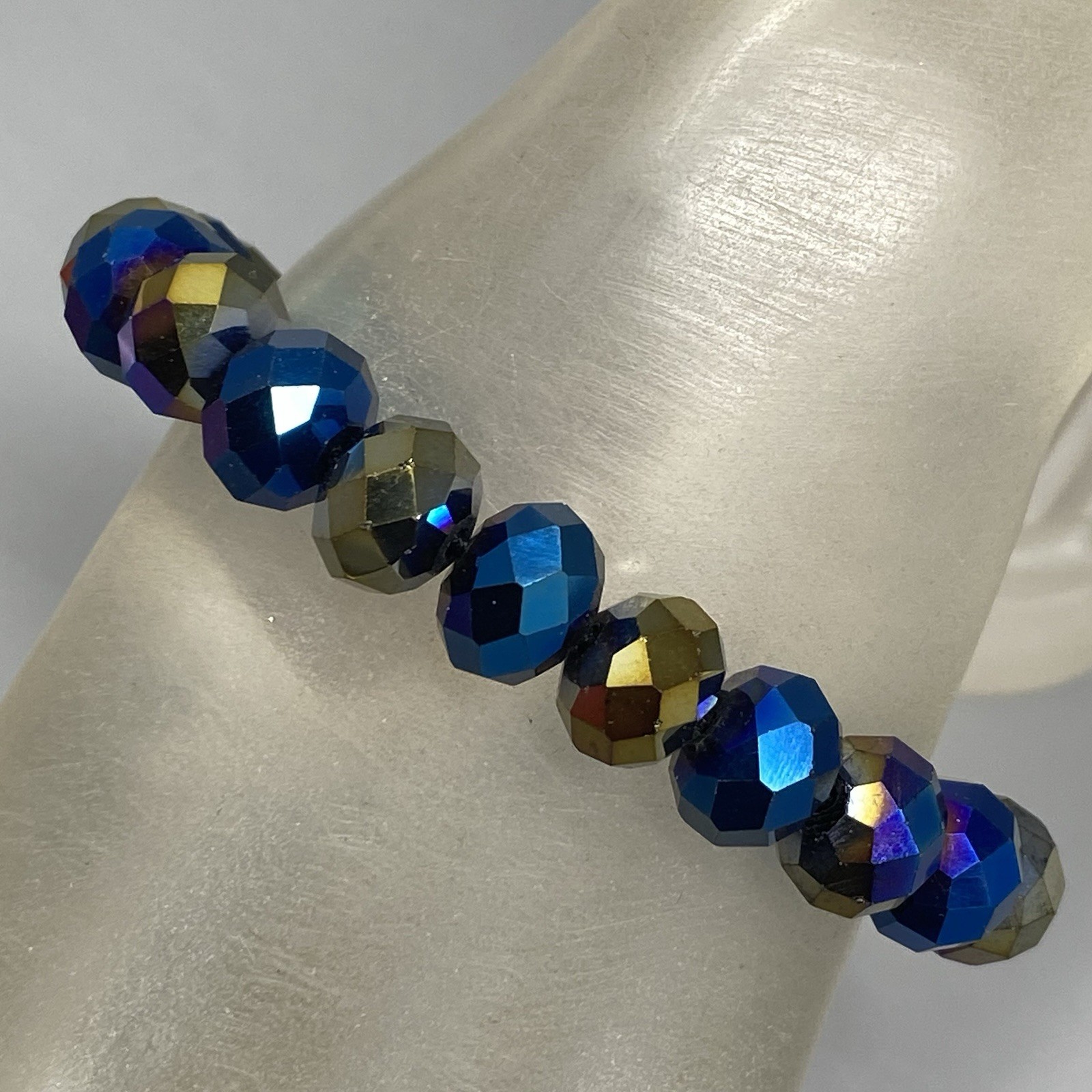 Blue Brown Metallic Bead Bracelet Stretch Faceted Glass Coated Iridescent 6.75″