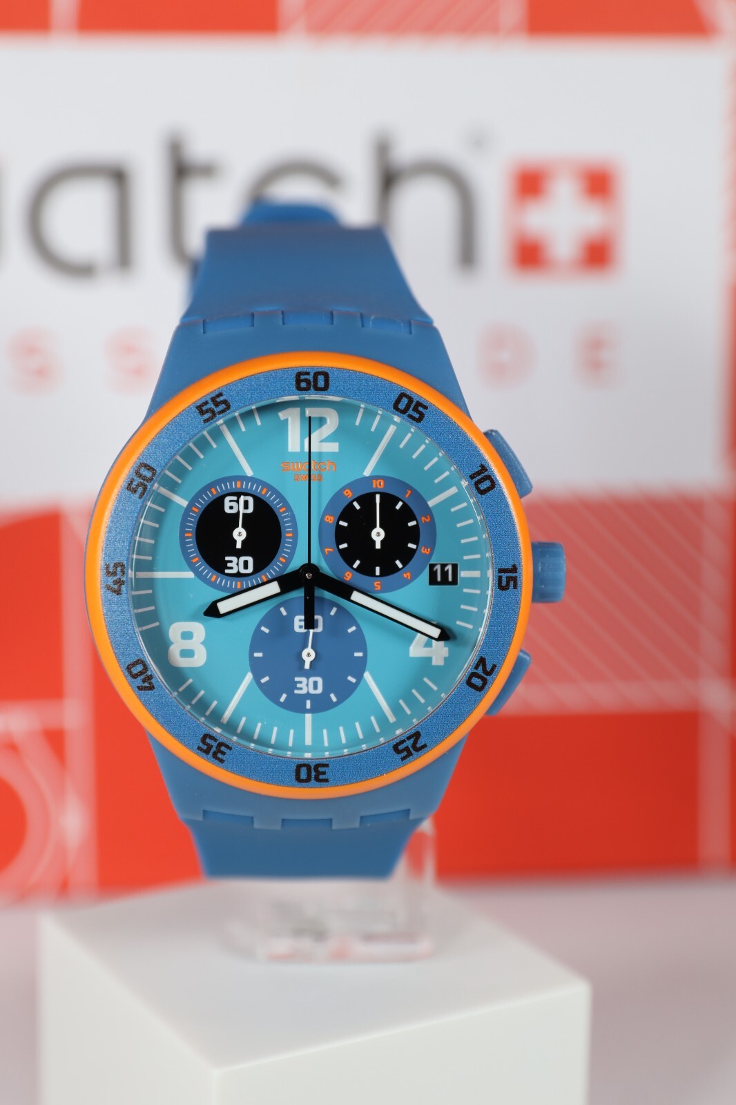 NEW Swiss Swatch Chrono CAPANNO Blue Date Dial Sport Silicone Watch SUSN413 42M