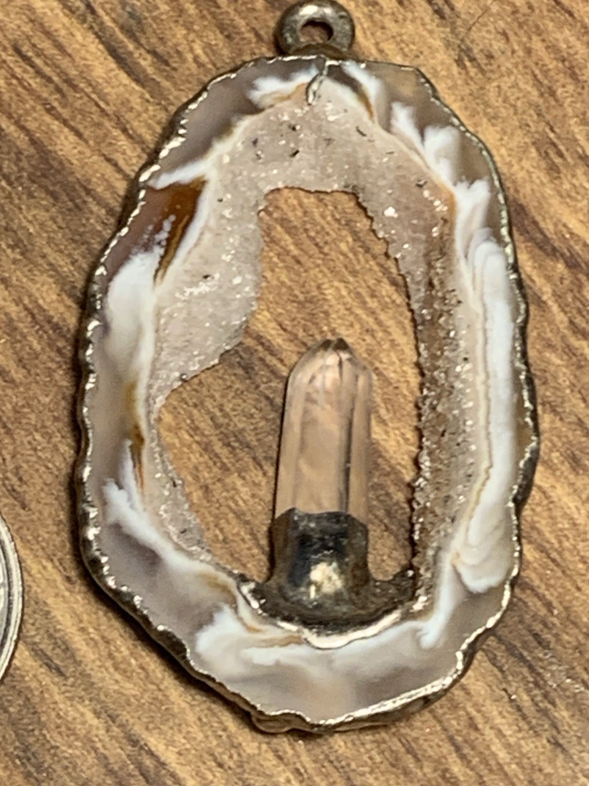 Large Vintage Flame Agate Geode Druzy Crystal Pillar 925 Over Stone Pendant