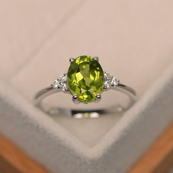 2.15 Ct Oval Cut Natural Peridot Diamond Wedding Ring 14K White Gold Size 7