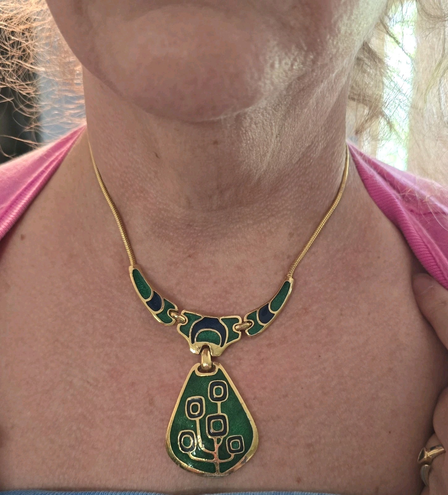 Vintage 1970s Blue & Green Enamel Gold Tone Collar Necklace, made in Thailand