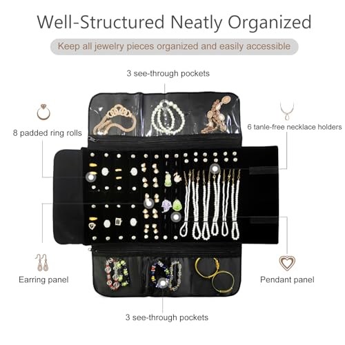 Velvet Travel Jewelry Case Roll Bag Organizer for Necklace Bracelet Black