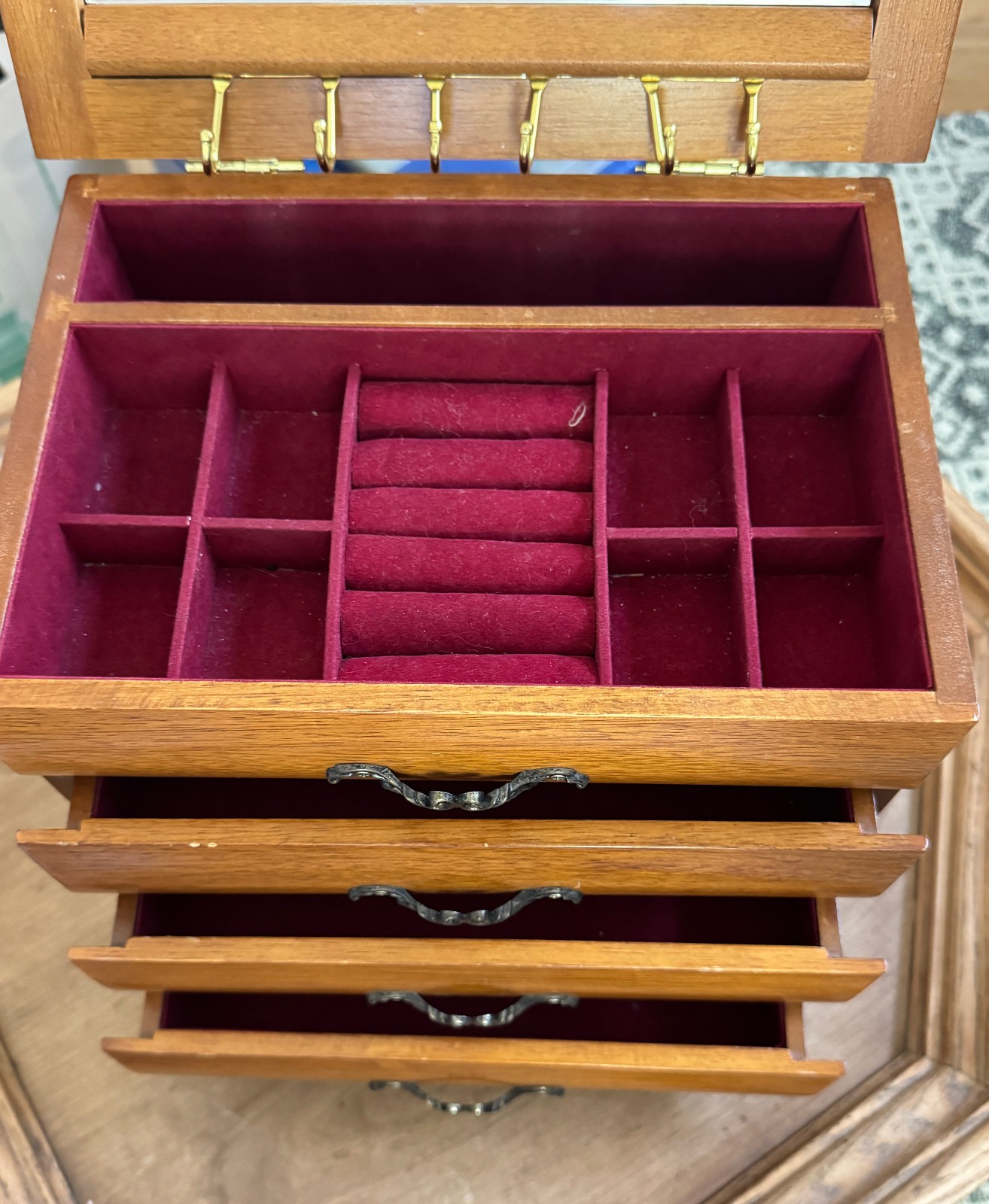Vintage MELE Wood Jewelry Box 4-Drawer Chest Mirror Lid Ring Rolls Necklace Hook