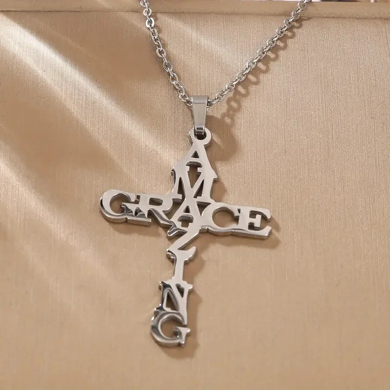 Stainless Steel Amazing Grace Cross Necklace – Silver, Christian Faith, Church