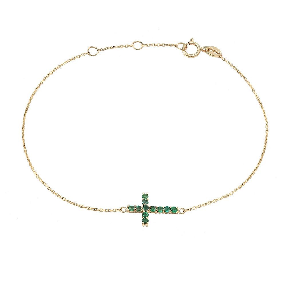 14K Real Yellow Gold Round Prong Emerald Cross Bracelet 6.5,6.75″,7″