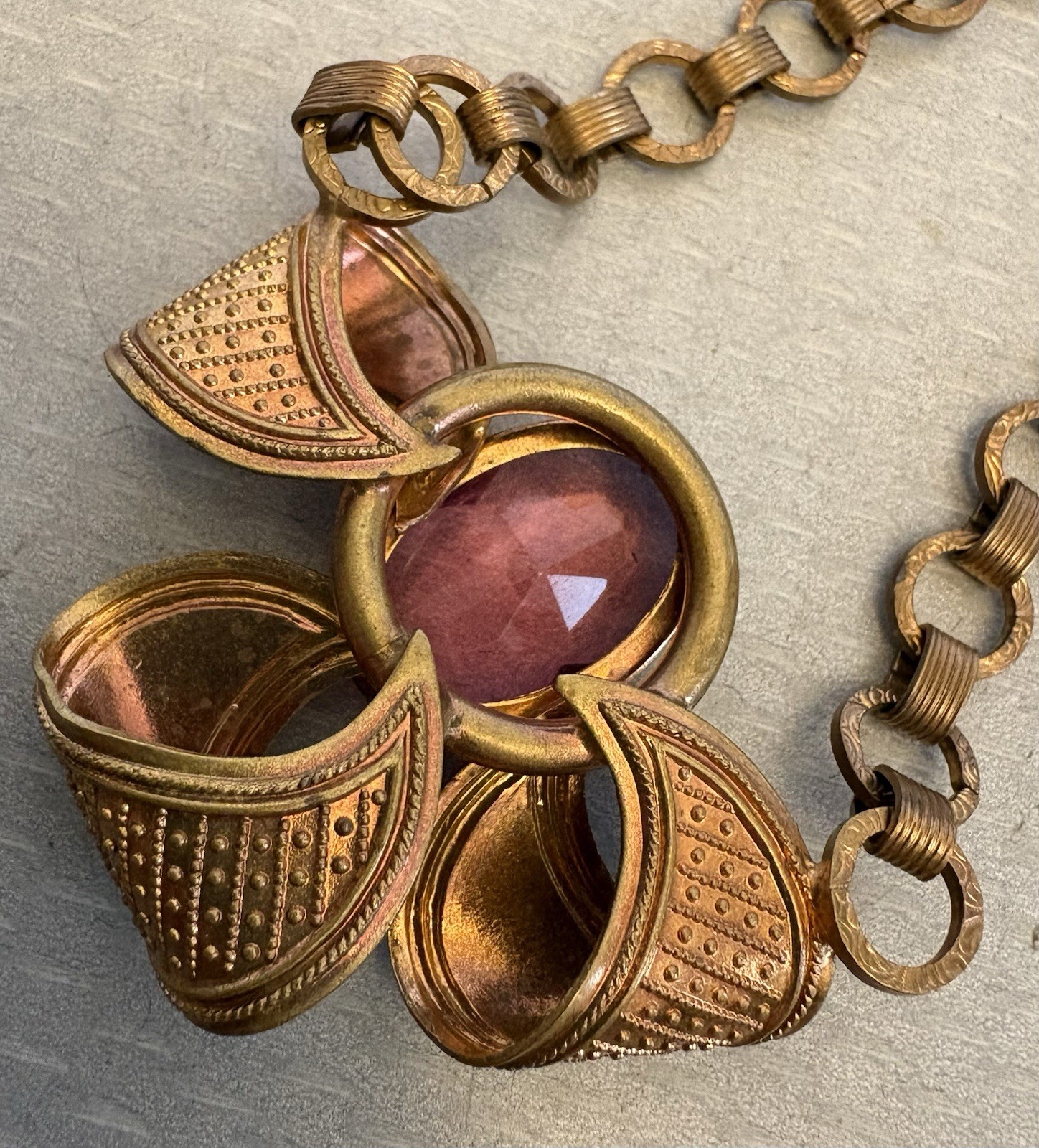 Art Deco Bohemian Pink Glass Brass Bow Pendant Book Chain Choker Necklace 17″