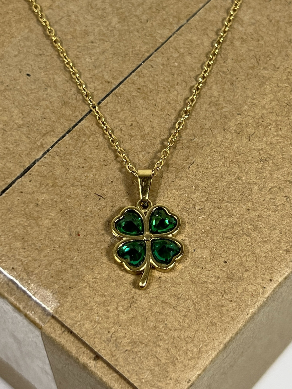Four Leaf Clover Necklace Green Zircon Gems Gold Colored Chain New