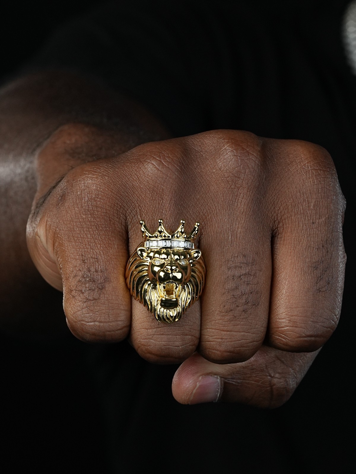 Lion W. Moissanite Baguette Crown 3D Mens Ring – 14k Gold Over Real 925 Silver