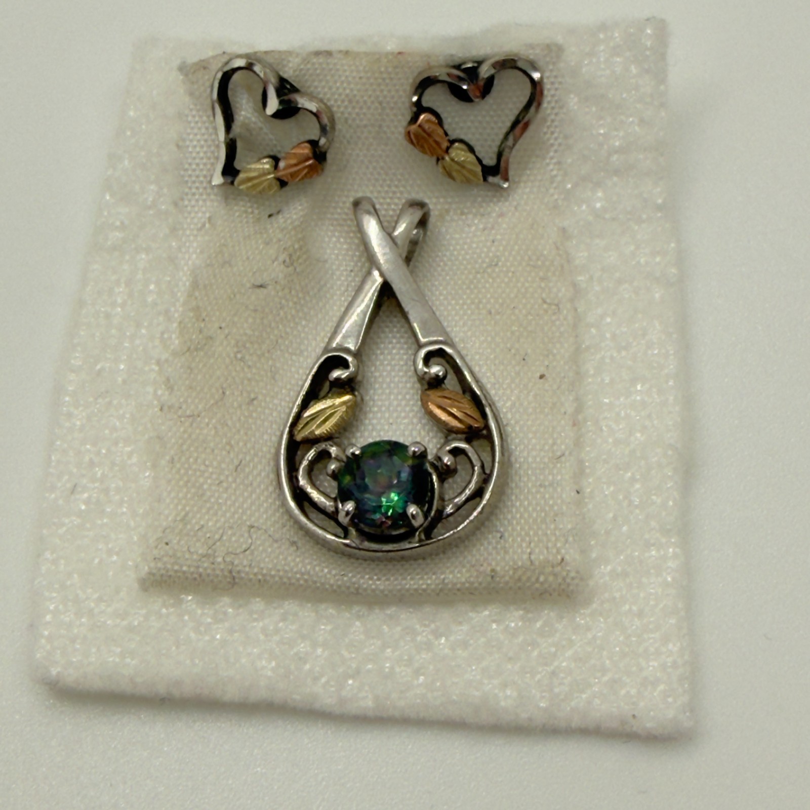 Landstrom’s Black Hills Gold Silver Heart Stud Earrings Mystic Topaz Pendant Set