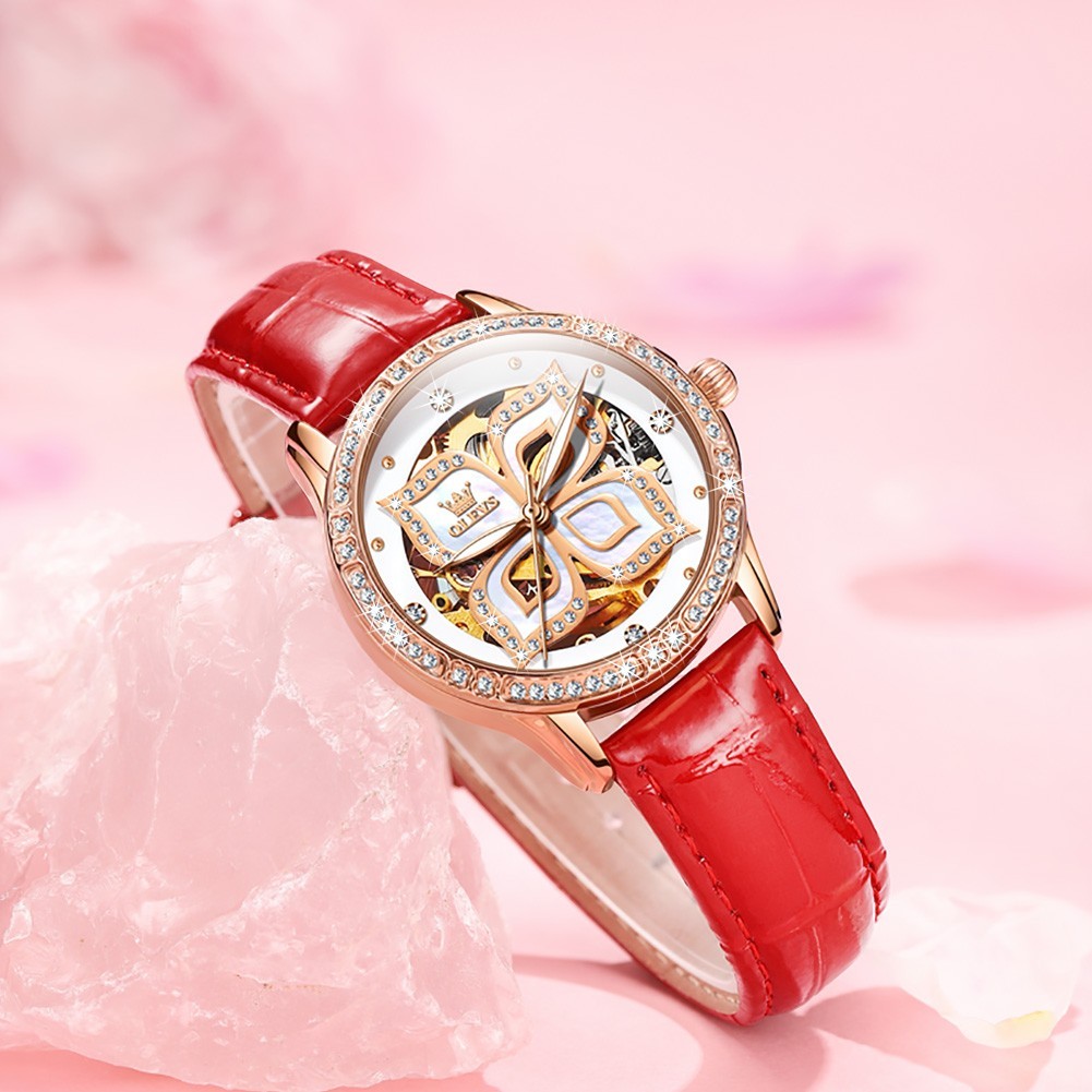 OLEVS 6612 Leather Ceramic Fashion Automatic Female Dress Mechanical Wristwatch