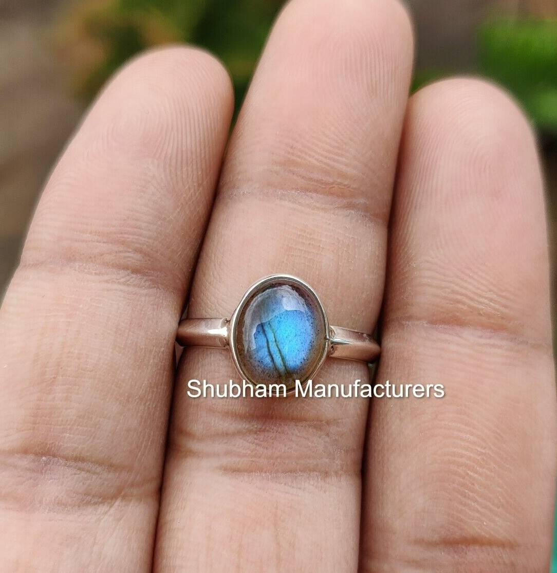 Natural Labradorite Blue Flash Knife Edge Ring 925 Silver Handmade Jewelry Gift