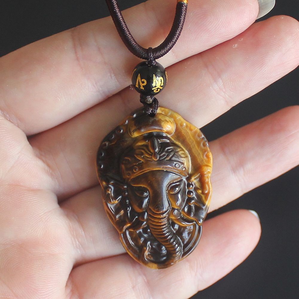 Natural crystal gemstone gold tiger eye Ganesha necklace pendant with rope chain