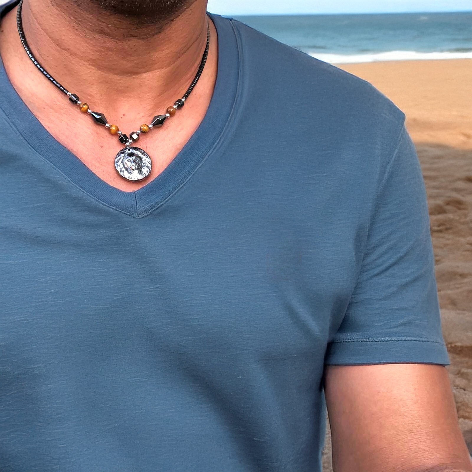 Hematite Necklace Small Lion Pendant Jah Love Rasta Africa Reggae Rasta 18″