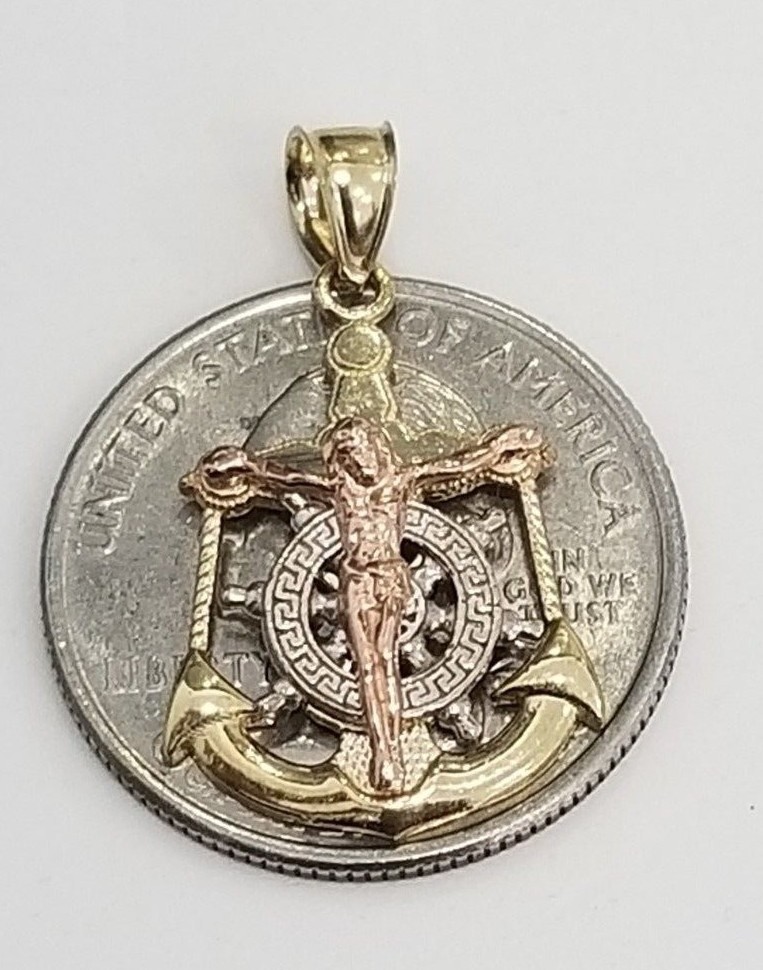 Real 10k Tri Tone Gold Anchor Jesus Cross Wheel Pendant Charm 20″ Rope Chain Set