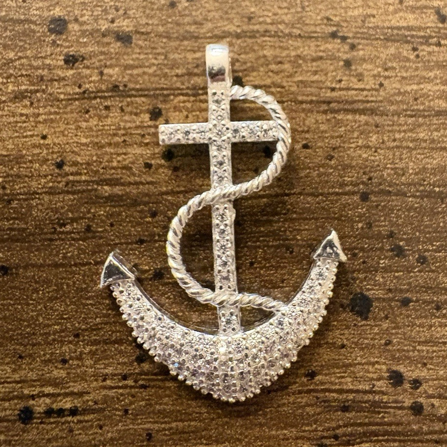 Silver Tone Nautical Anchor Cross Pendant Pavé Round White Crystal Rhinestones