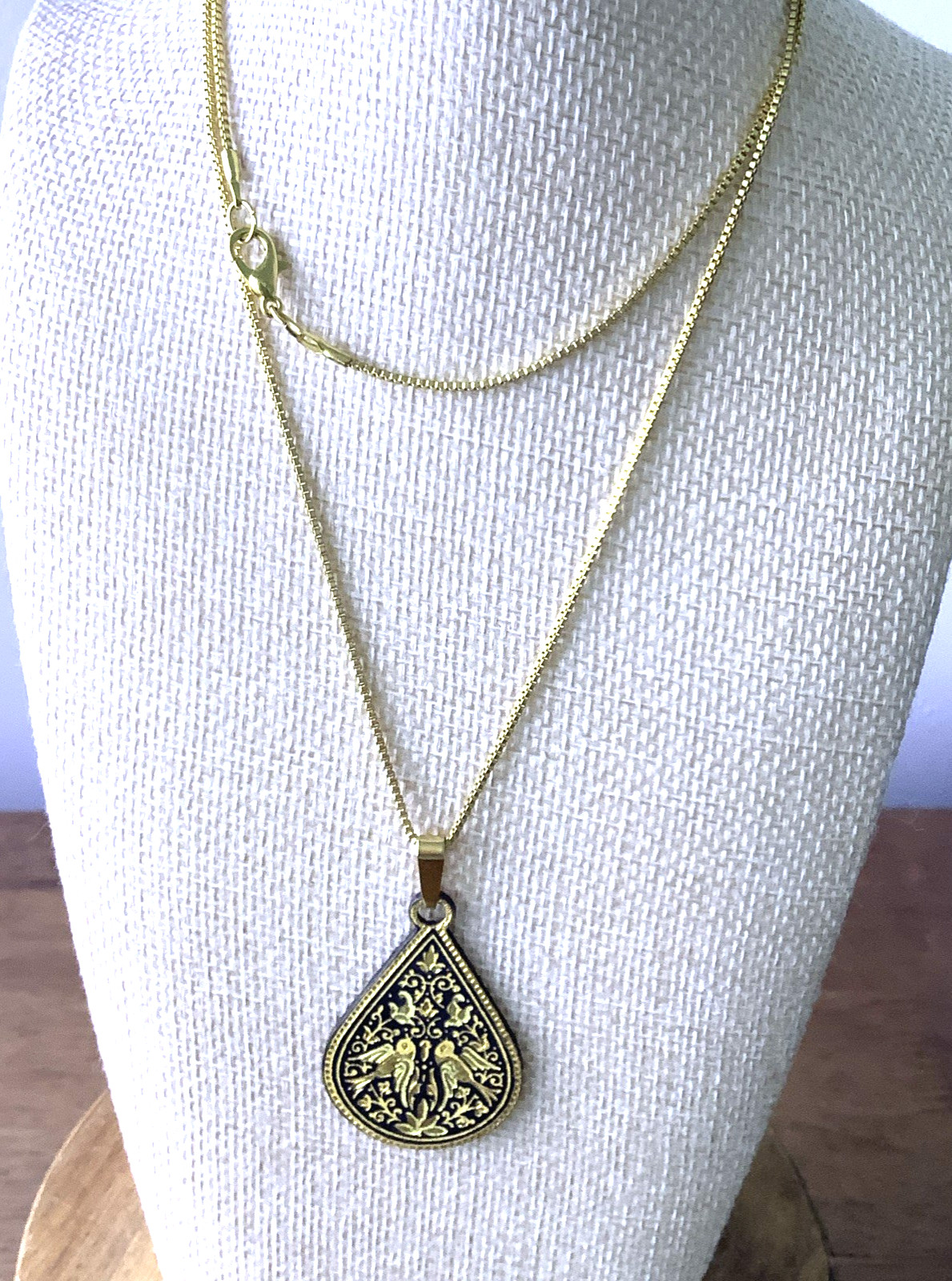 Vintage 1960 Damascene Love Bird Pendant Necklace Gold Black Toledo Style Drop
