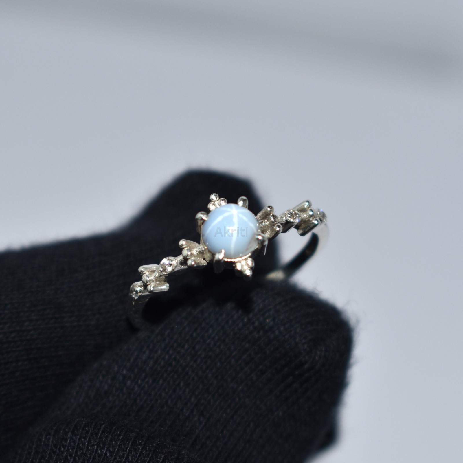 Forest Style White Lab Lindy Star Sapphire & CZ Diamond 925 Sterling Silver Ring