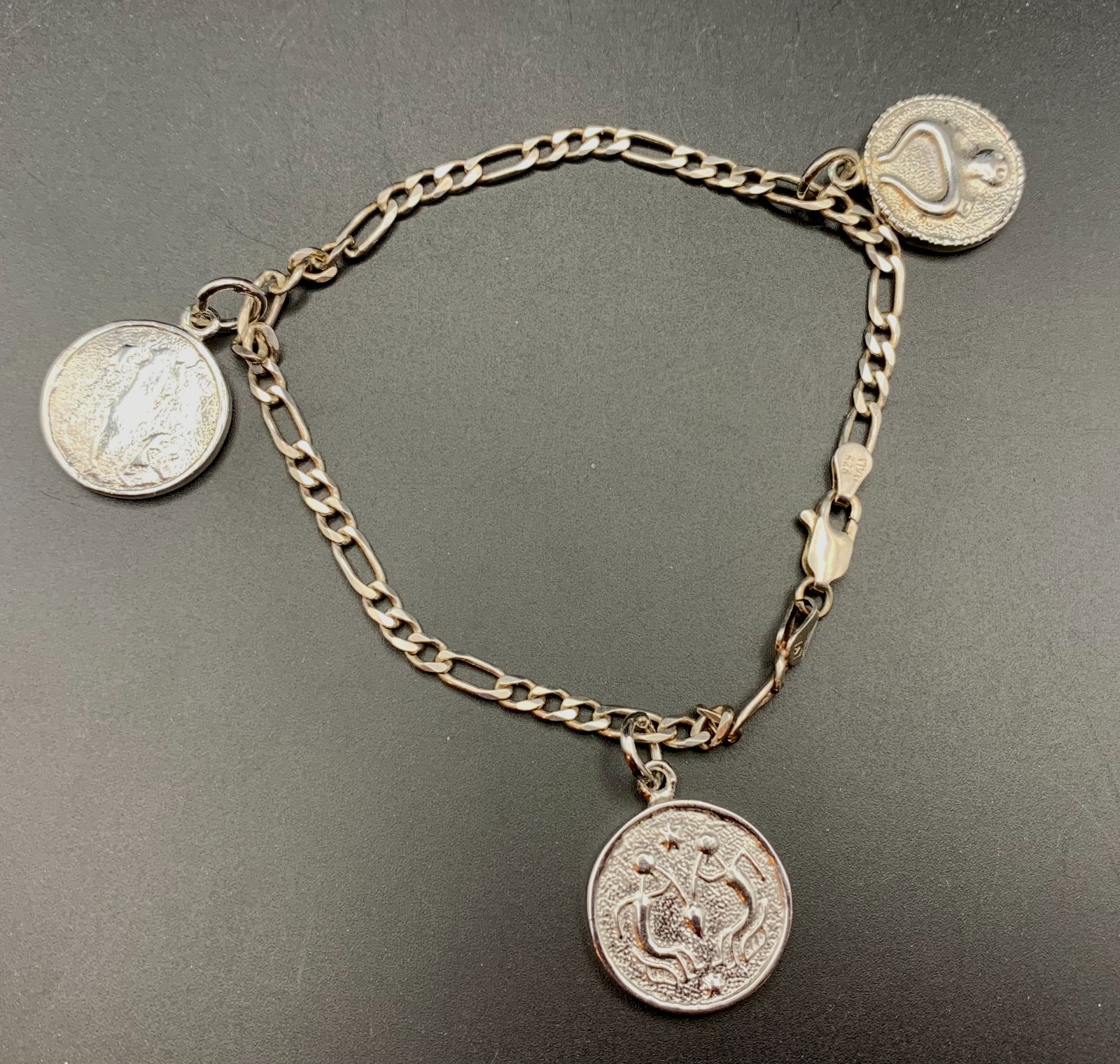 Vintage Italy 925 Figaro Chain Bracelet With Zodiac Style Charms 8.25″