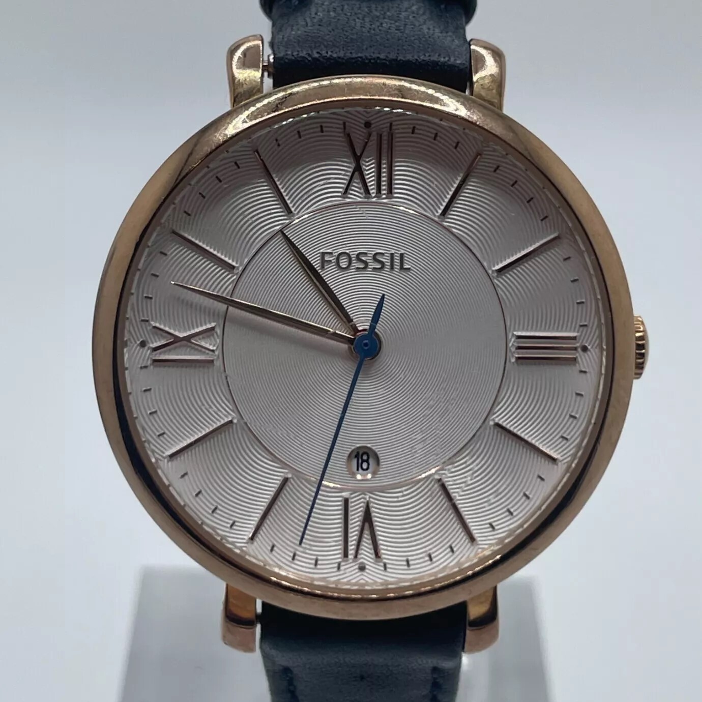 Fossil Jacqueline Watch ES3843 Womens Date 36mm Case Blue Leather Band Quartz