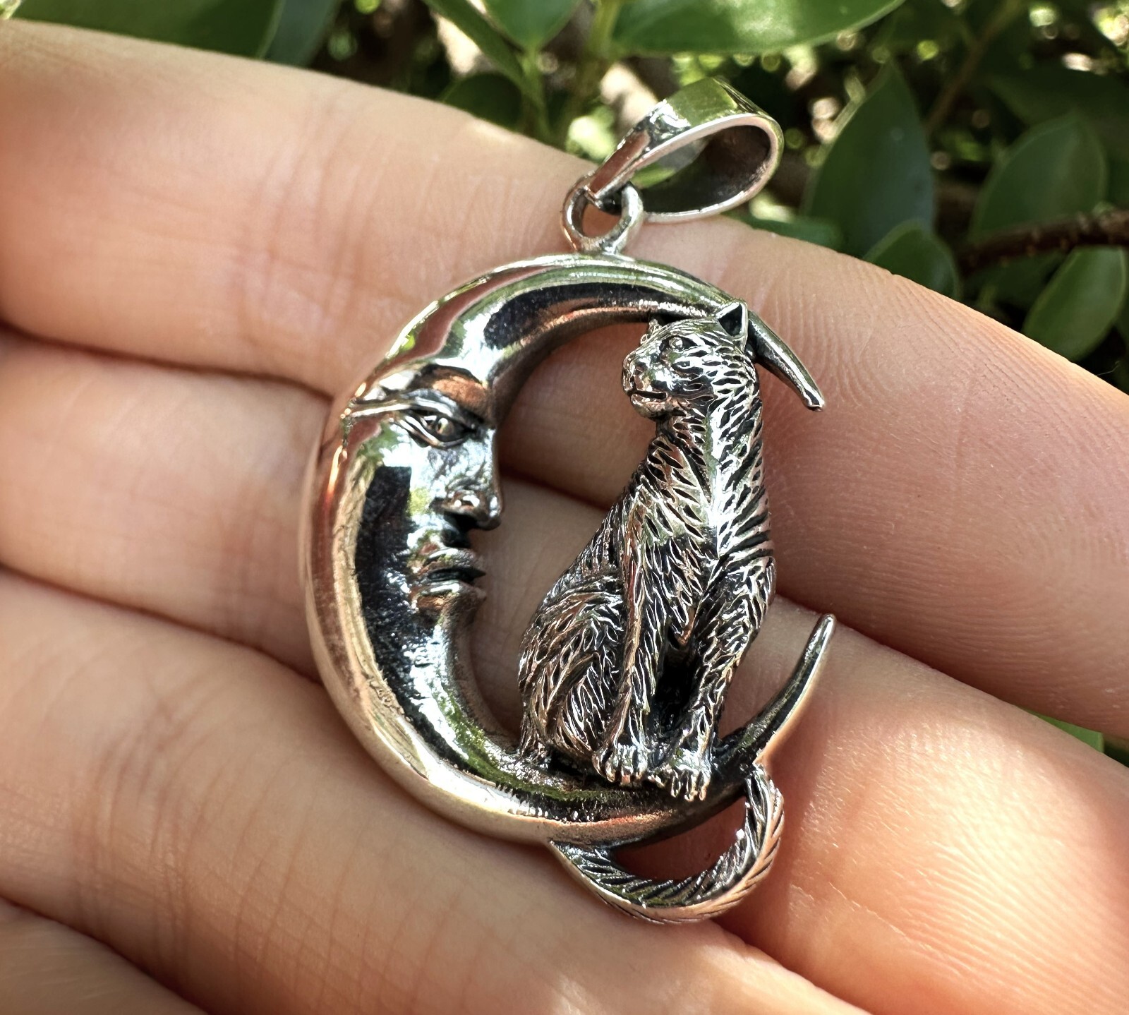 Cat & Crescent Moon Pendant STERLING SILVER 925 Magic Cat Magical Creature Witch