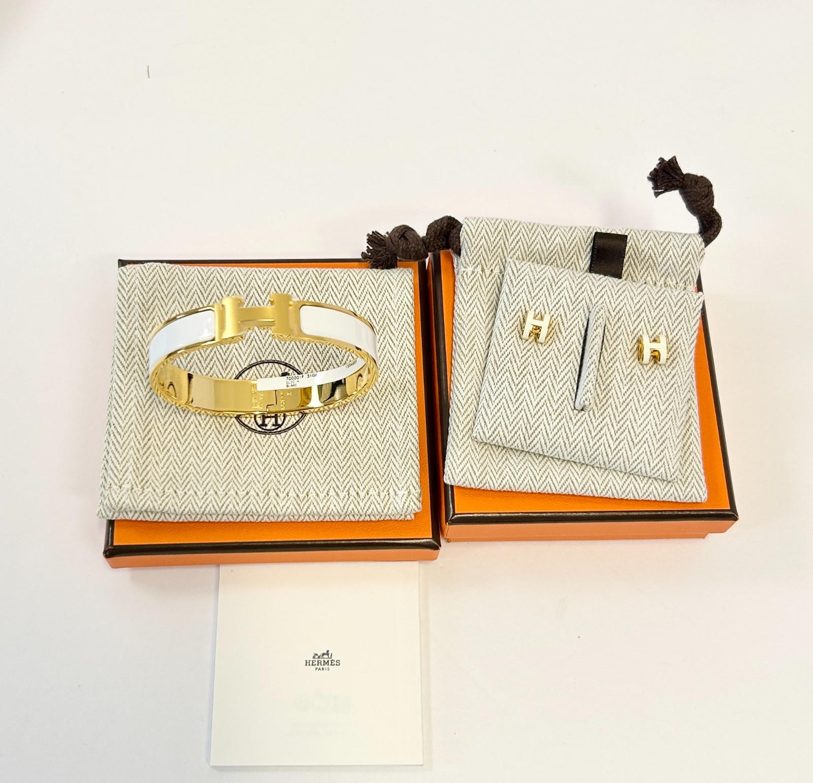 Hermès Mini Pop H Earrings & Clic H Bracelet Blanc White Gold Plated Set NEW