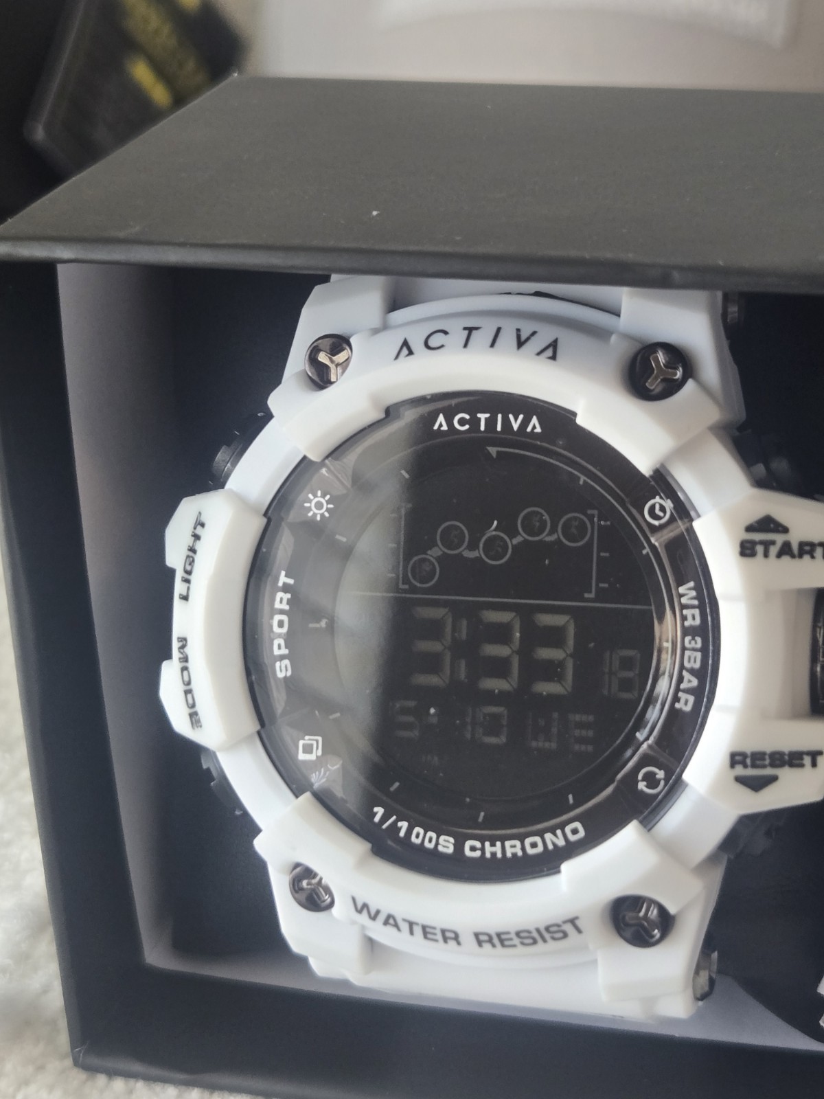 Activa Digital Quartz Sport Watch Chronograph Backlight 50mm White Resin Box