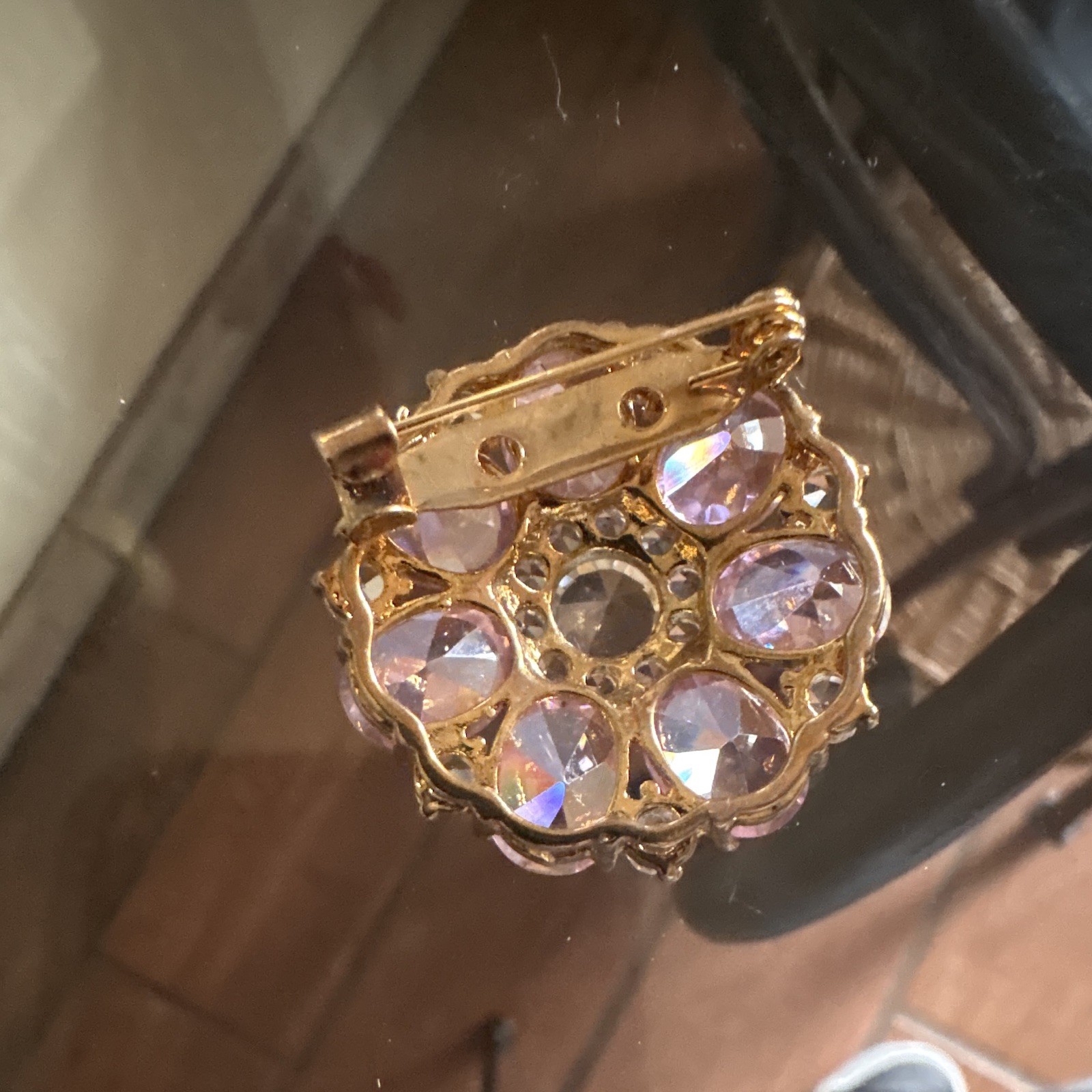Pink & Clear Rhinestone Flower Cluster Brooch Pin, Prong Set, Gold Tone 1950s