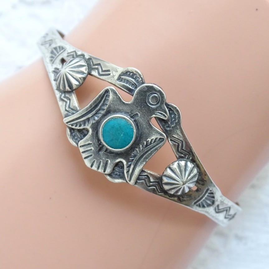 Fred Harvey Era Navajo Turquoise Sterling Thunderbird Cuff Bracelet SMALL WRIST