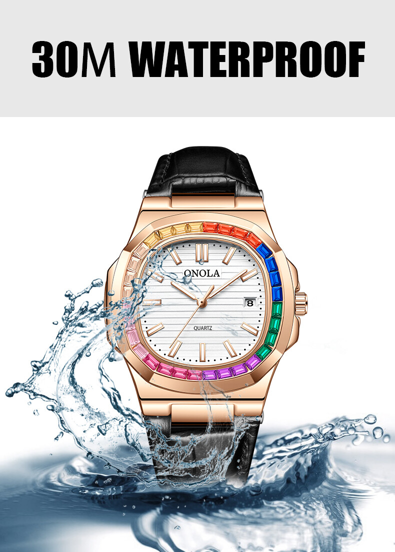 ONOLA Rainbow Leather Casual Business Calendar Waterproof Luminous Quartz Watch