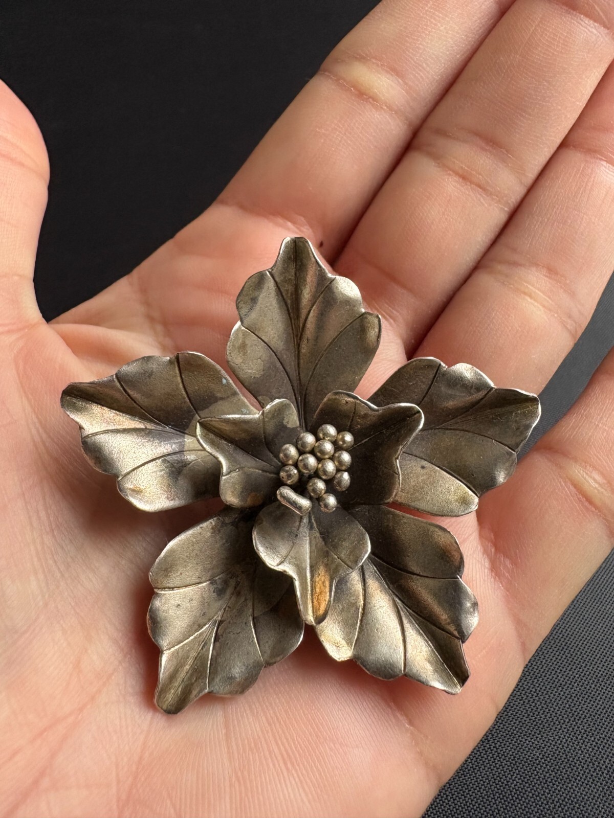 Vintage Poinsettia Flower Sterling Silver Pendant Handcrafted Matte Finish
