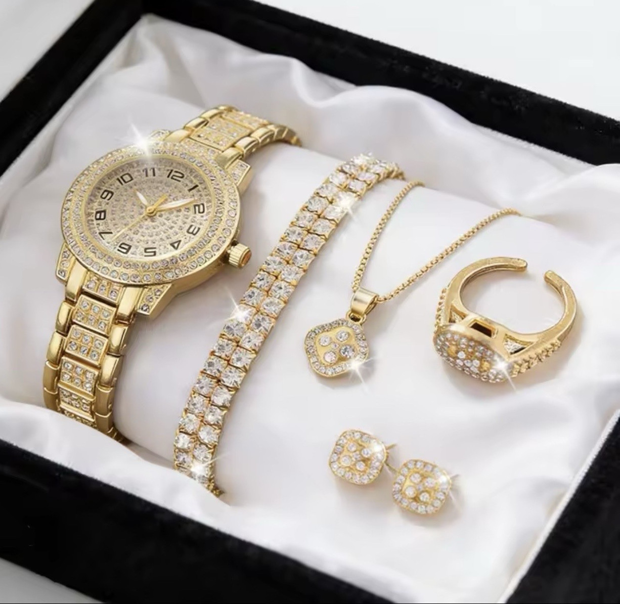 Gold Tone White Rhinestone Jewelry Set Watch Bracelet Necklace Ring Earrings
