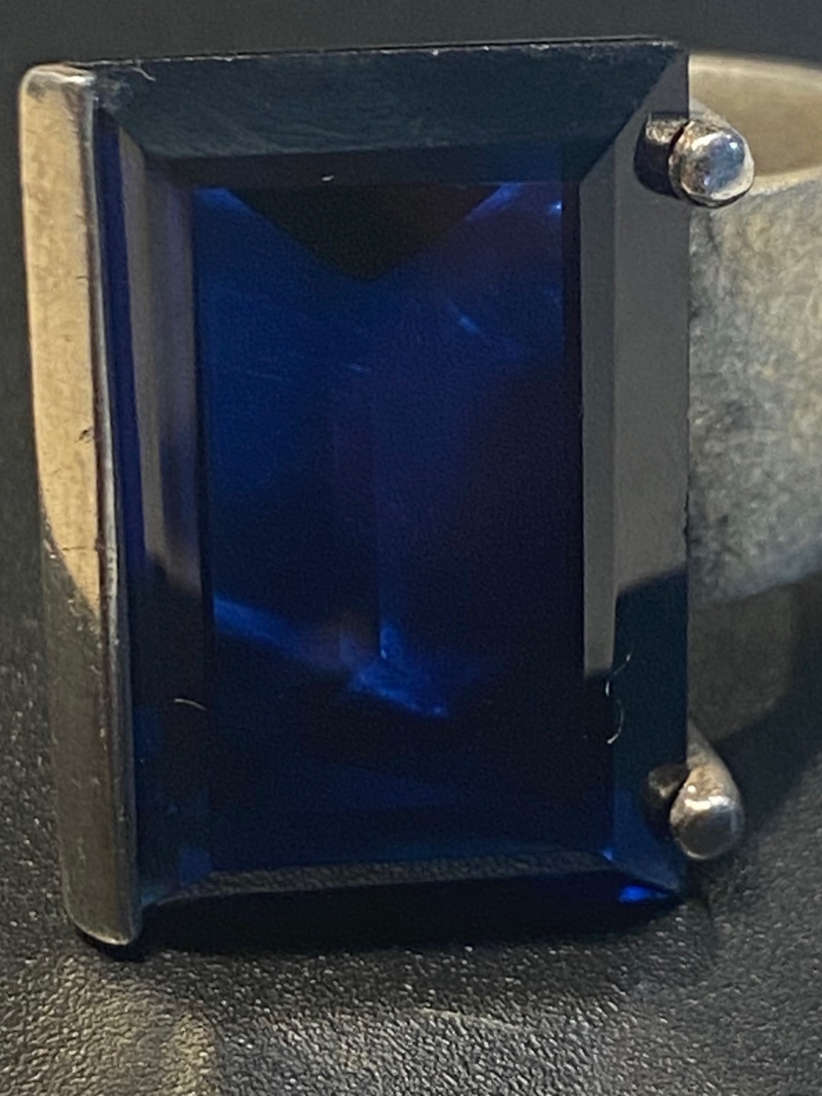 Cobalt Blue lab-created Spinel Ring 925 Silver Emerald Cut ~33.5 ctw Sz ~7.75