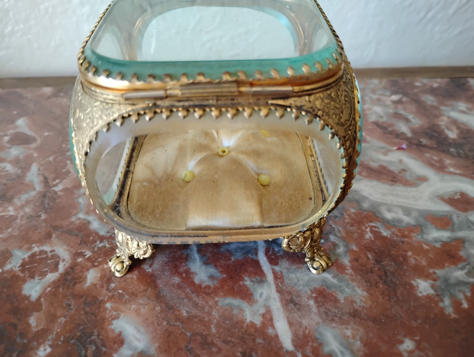 Antique French Beveled Glass and Ormolu Casket Jewelry Box Gold Floral
