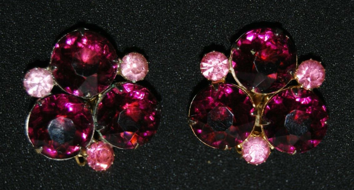 ELEGANT VTG RHINESTONE COUTURE DEEP RED & PINK CRYSTALS GOLDEN CLIP-ON EARRINGS