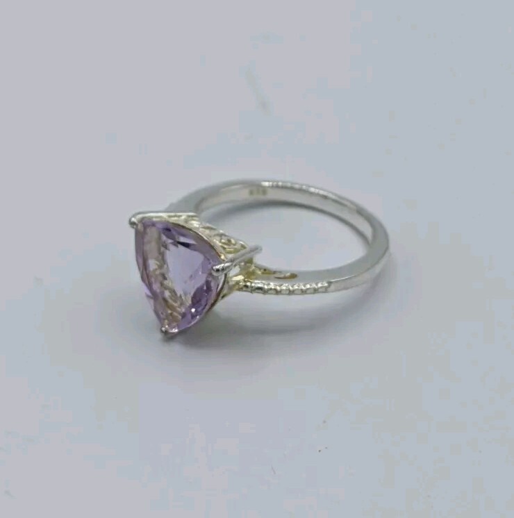STS Rose De France Amethyst Trillion Cut & CZ Ring in Sterling Silver Size 8.25